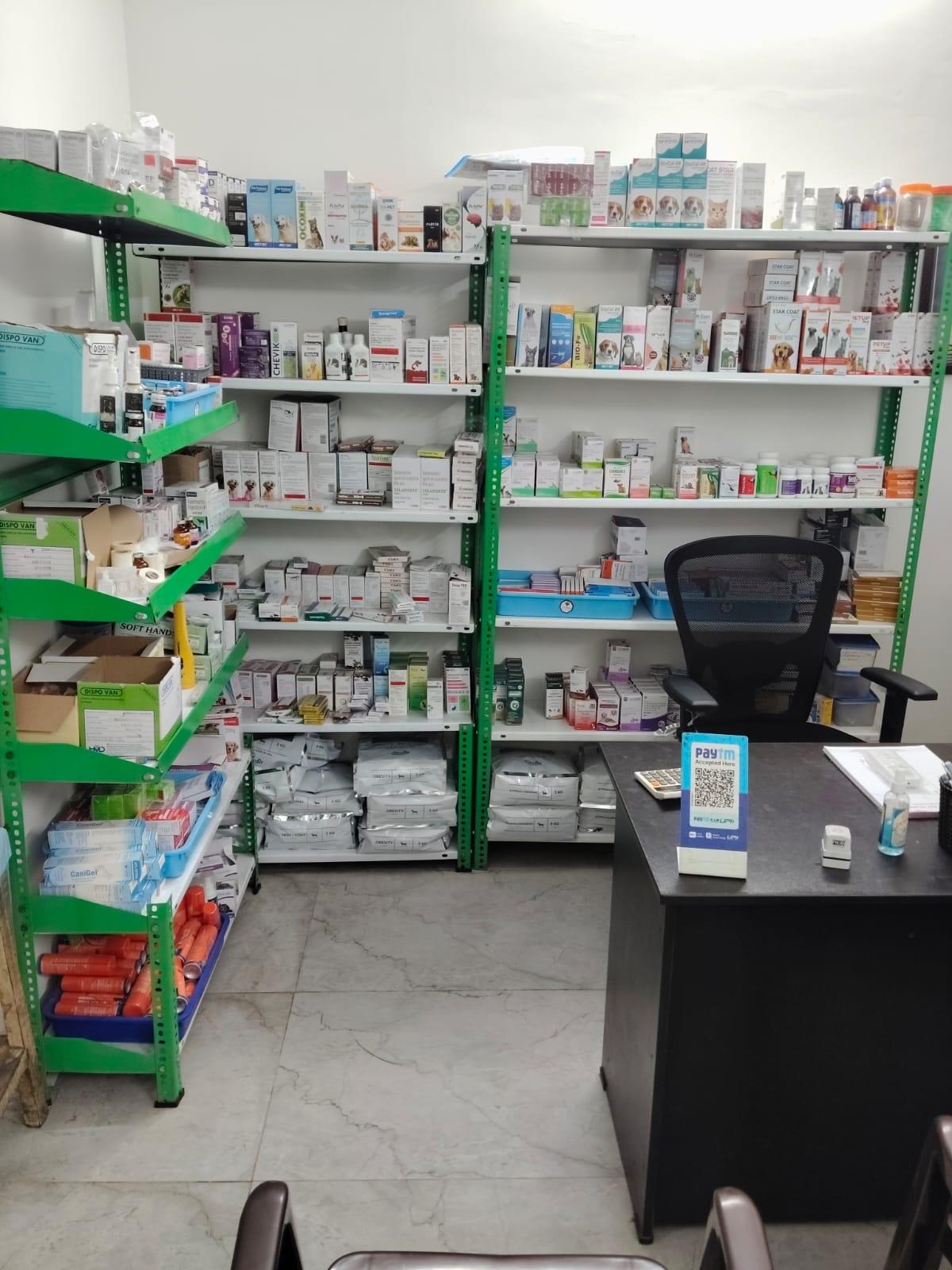 Shelves of veterinary medicines stocked at the Maraimalai Nagar branch pharmacy counter