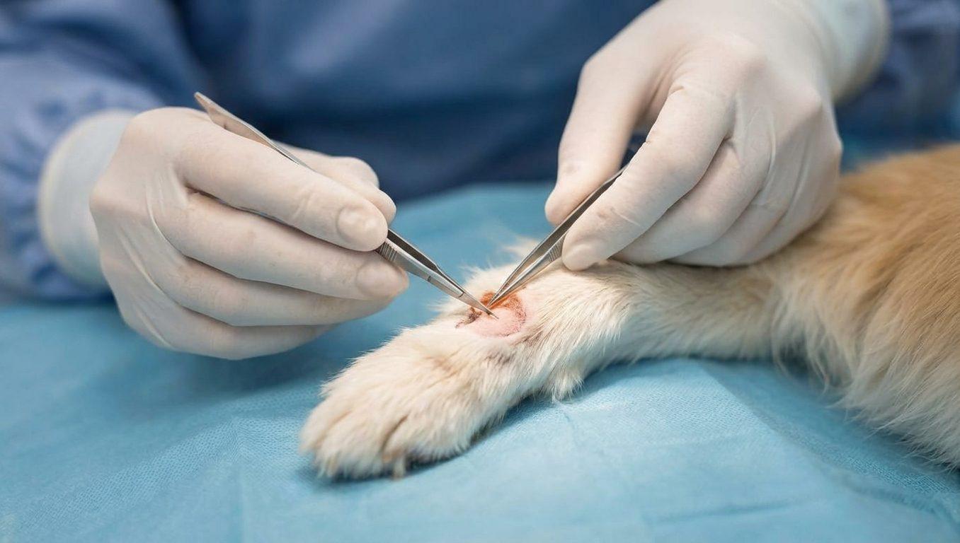 A close-up of forceps being used on an animal's paw during a minor procedure
