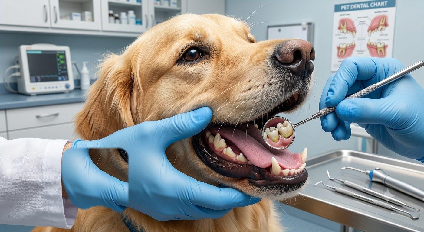 A dog's teeth being examined with a dental mirror and probe