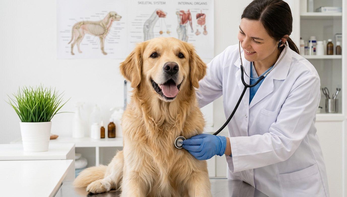 A veterinarian listening to a golden retriever's heartbeat during a full body checkup
