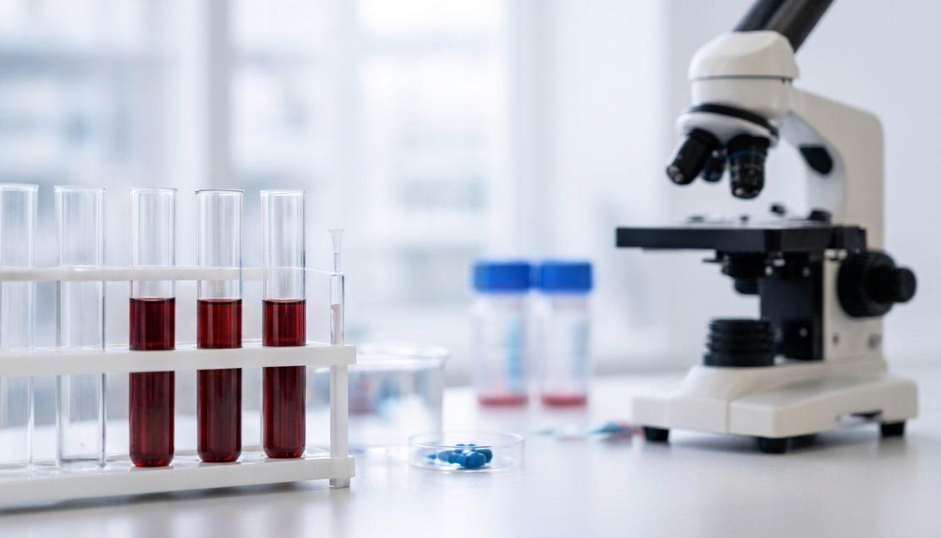 Blood sample vials in a rack next to a microscope on the lab bench