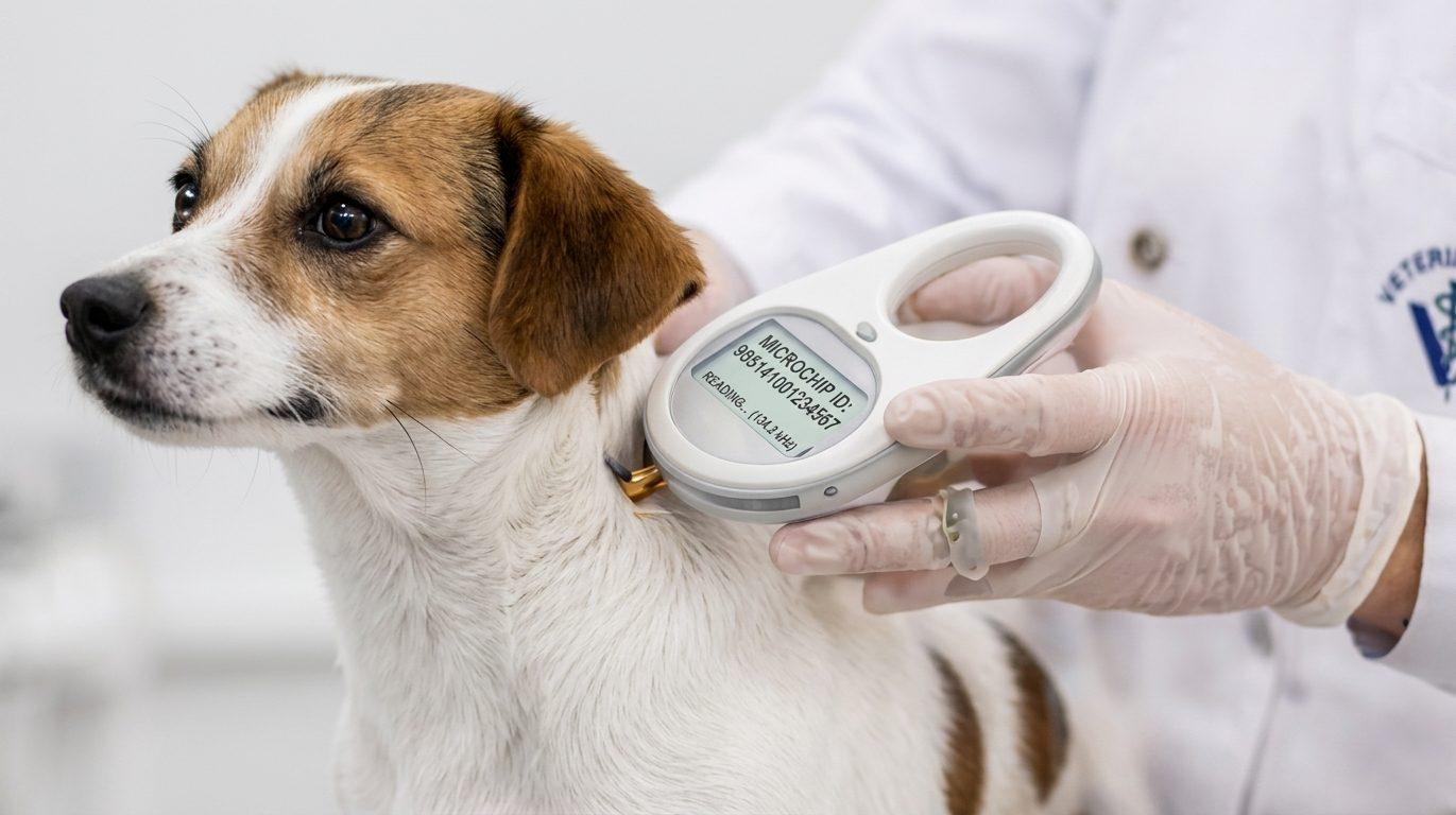 A dog being scanned for its microchip ID with a handheld reader
