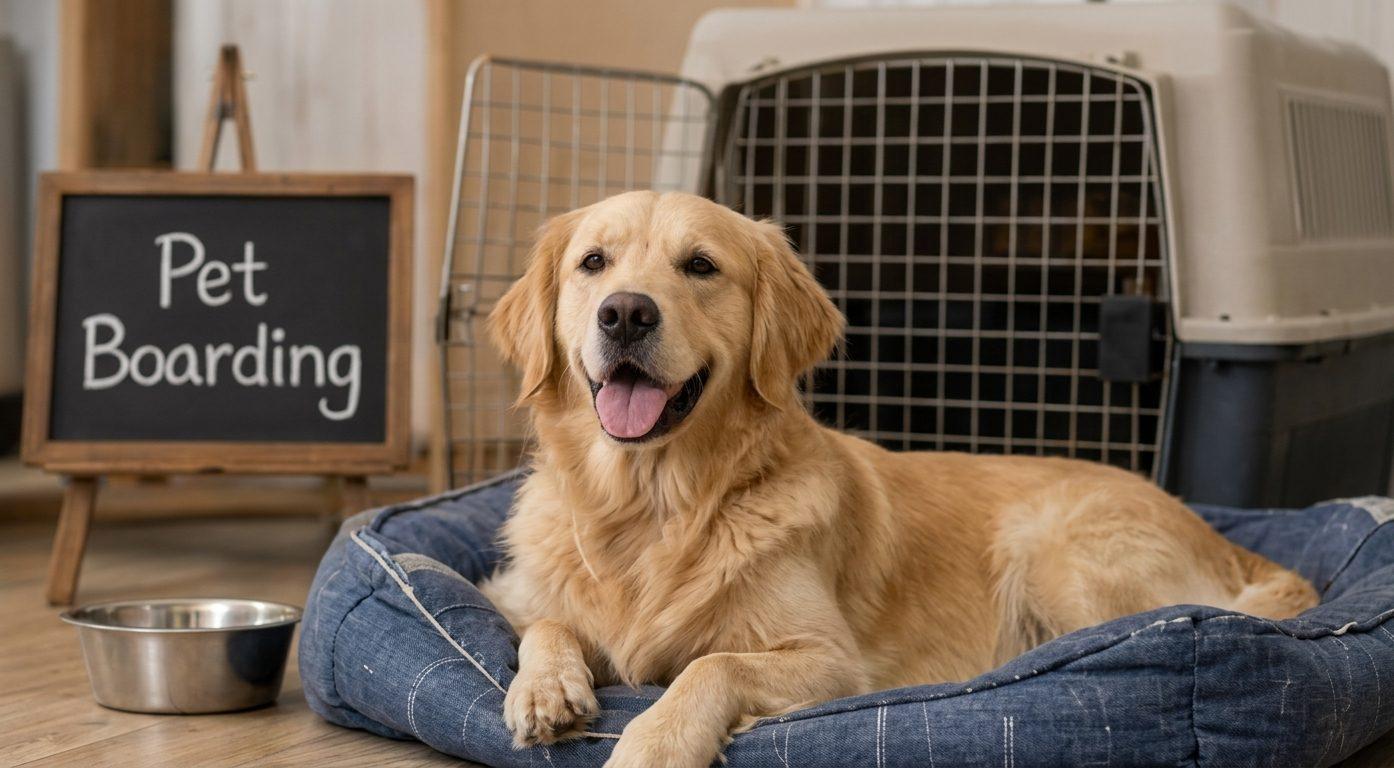 A golden retriever resting in a boarding bed next to a carrier crate