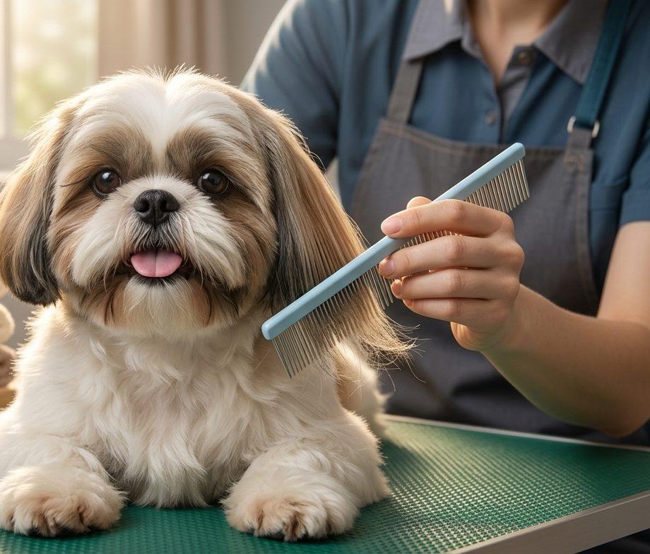 A groomer combing a shih tzu's coat on the grooming table