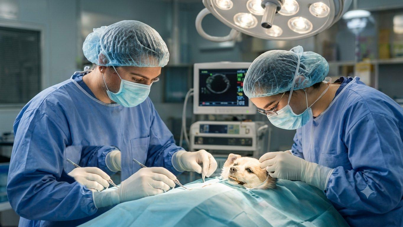 A surgical team operating on a dog under theatre lighting