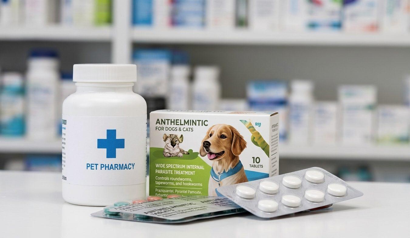Shelves of pet medication with a deworming tablet box and blister packs on the counter