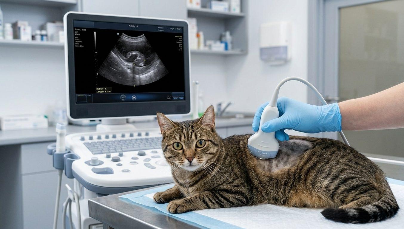 A cat lying on the exam table during an abdominal ultrasound scan