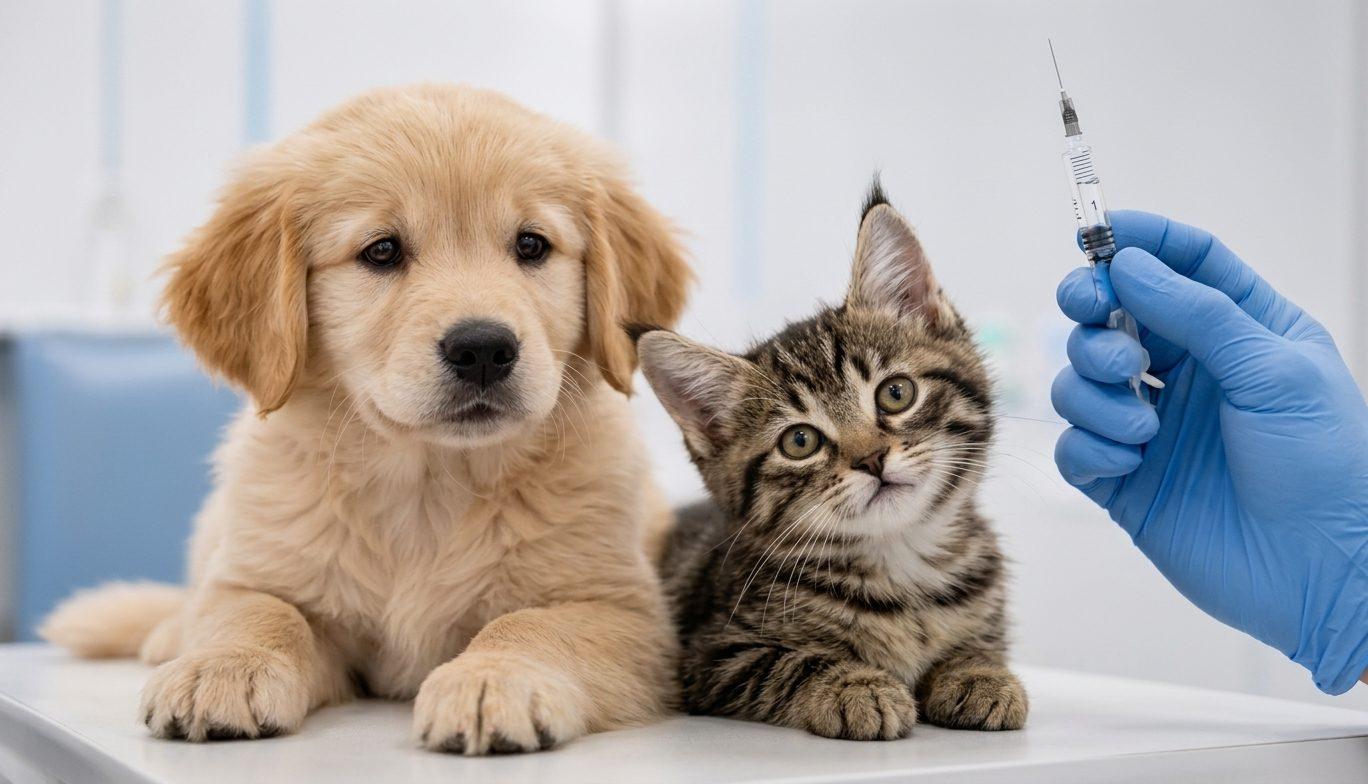 A puppy and a kitten on the exam table beside a vaccination syringe