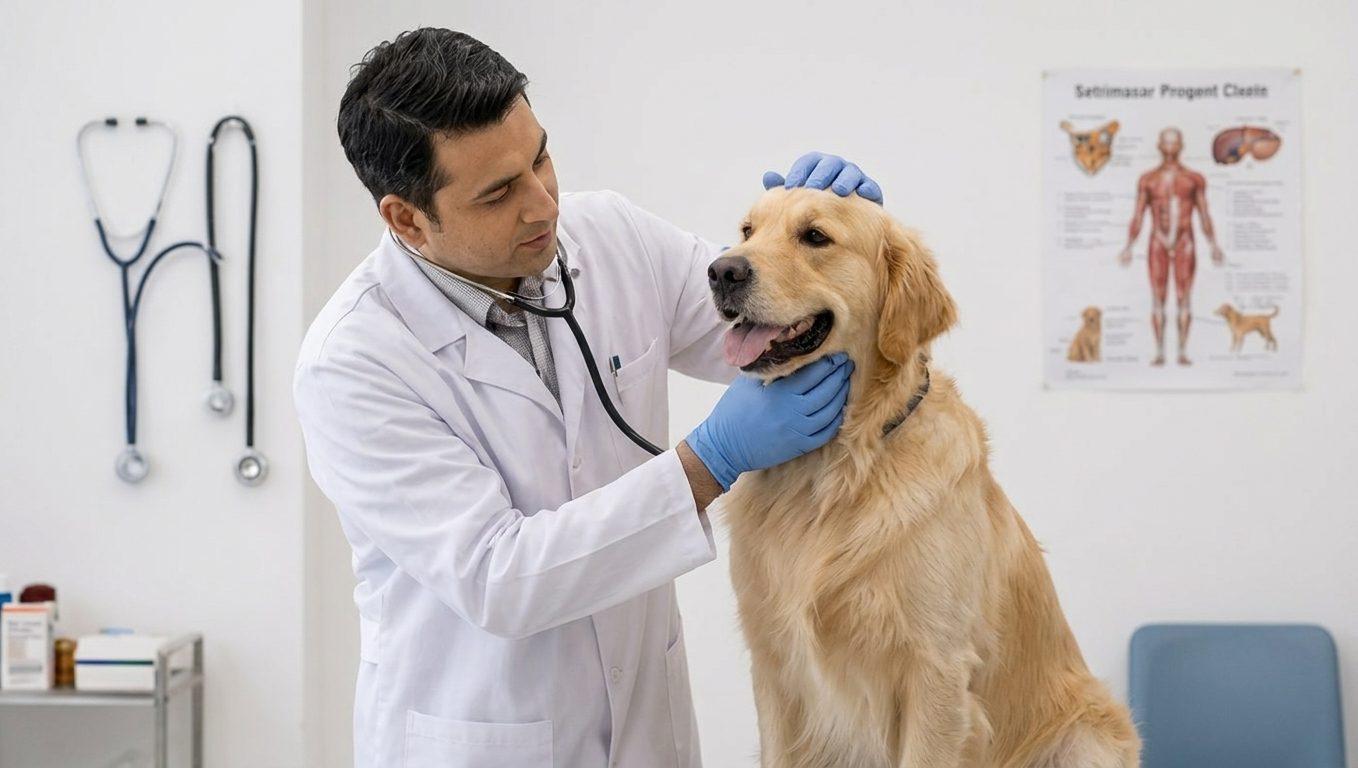 A veterinarian listening to a dog's chest with a stethoscope during a consultation